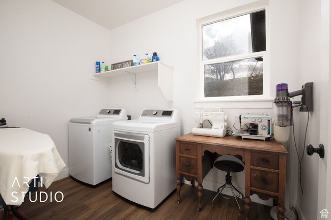 Laundry area with dark hardwood / wood-style floors and washer and dryer | Image 17