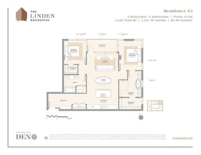 C1 Floor Plan featuring 2 bedrooms and 2 bathrooms. The spacious layout includes an open living and dining area, complemented by a modern kitchen with high-end appliances and an island for additional seating. This unit offers breathtaking views of downtown Austin, the Hill Country, UT Campus and the Capitol, providing a unique blend of urban and natural scenery. Residents will also enjoy access to a full level of elevated amenities. | Image 17