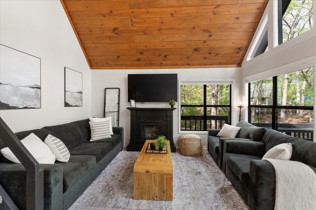 Living room with high vaulted ceiling, a glass covered fireplace, and wooden ceiling | Image 18