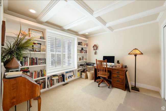 Office with coffered ceiling, crown molding, beamed ceiling, and carpet | Image 9