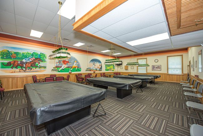 Recreation room with wood walls, crown molding, pool table, and dark carpet | Image 12