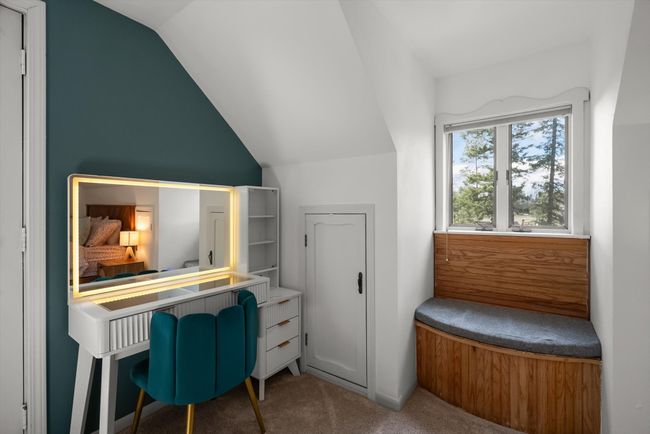 Home office featuring carpet floors and lofted ceiling | Image 32