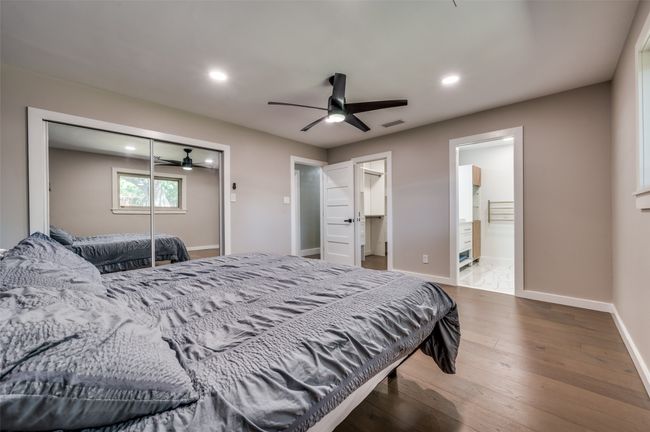 Bedroom featuring a closet, hardwood / wood-style flooring, recessed lighting, and ceiling fan | Image 17