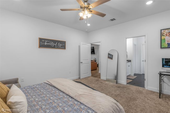 Carpeted bedroom featuring recessed lighting, visible vents, baseboards, and a ceiling fan | Image 14